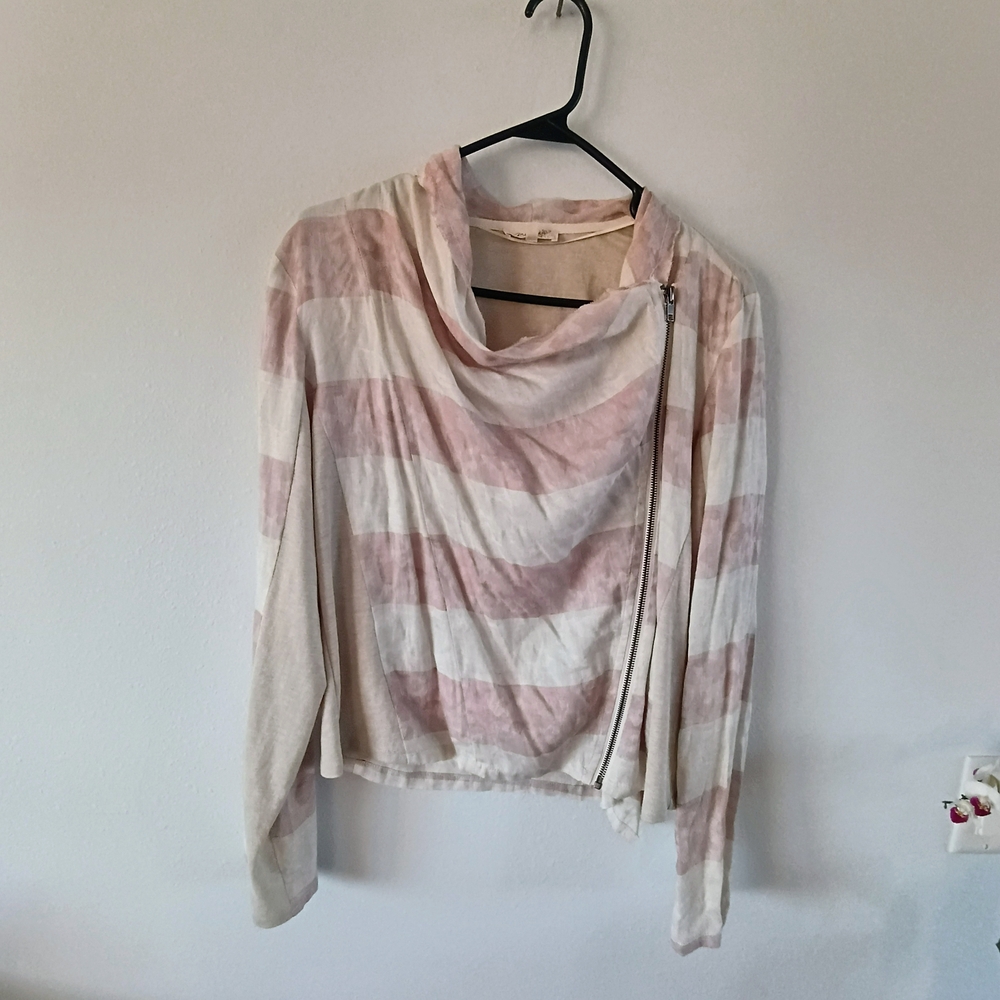 Mystree Blush Cream Striped Top Asymmetrical Zip Cowl Neck Soft Boho